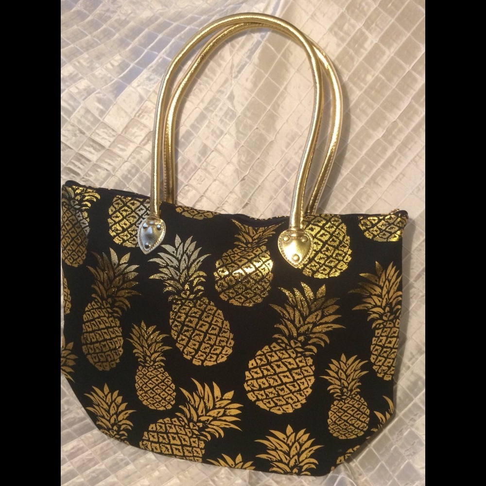 Navy Metallic Pineapple Shoulder Tote